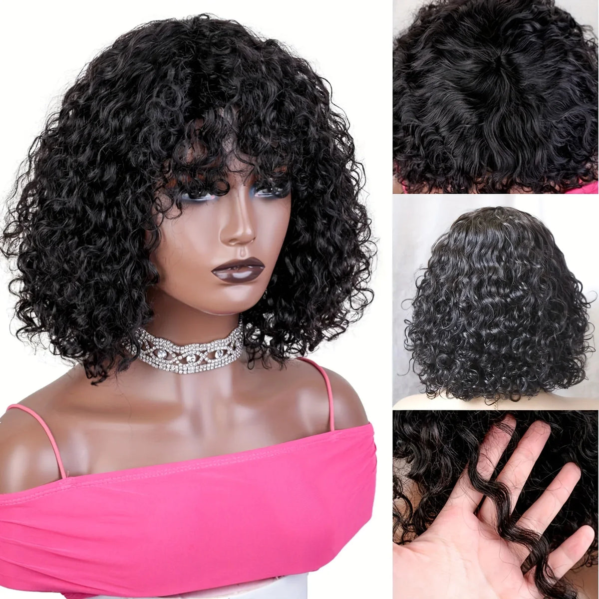 Water Curly 100% Virgin Human Hair Wig Bangs Density Peruvian Full Machine