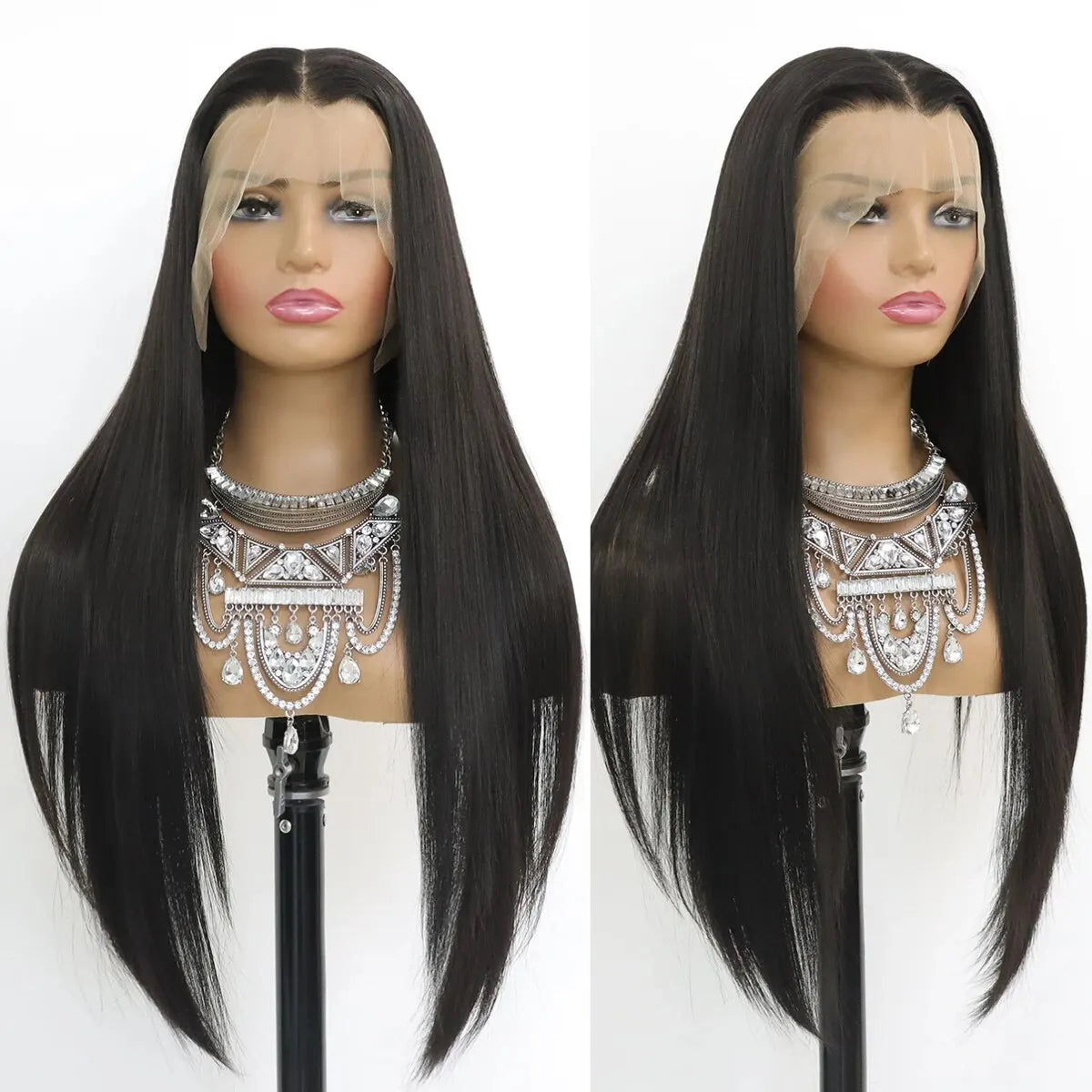 Straight Black Synthetic HD Lace Front Wig, Glueless, Heat Resistant, Pre-Plucked