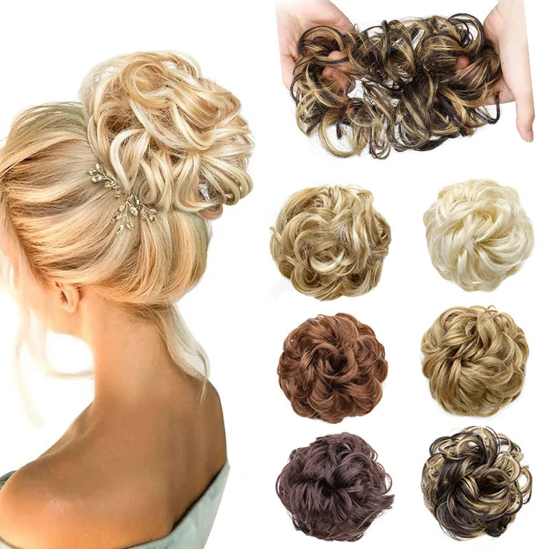 Synthetic Messy Bun Chignon Donut Hair Piece - Blonde Brown, Elastic Scrunchie Bun Pad