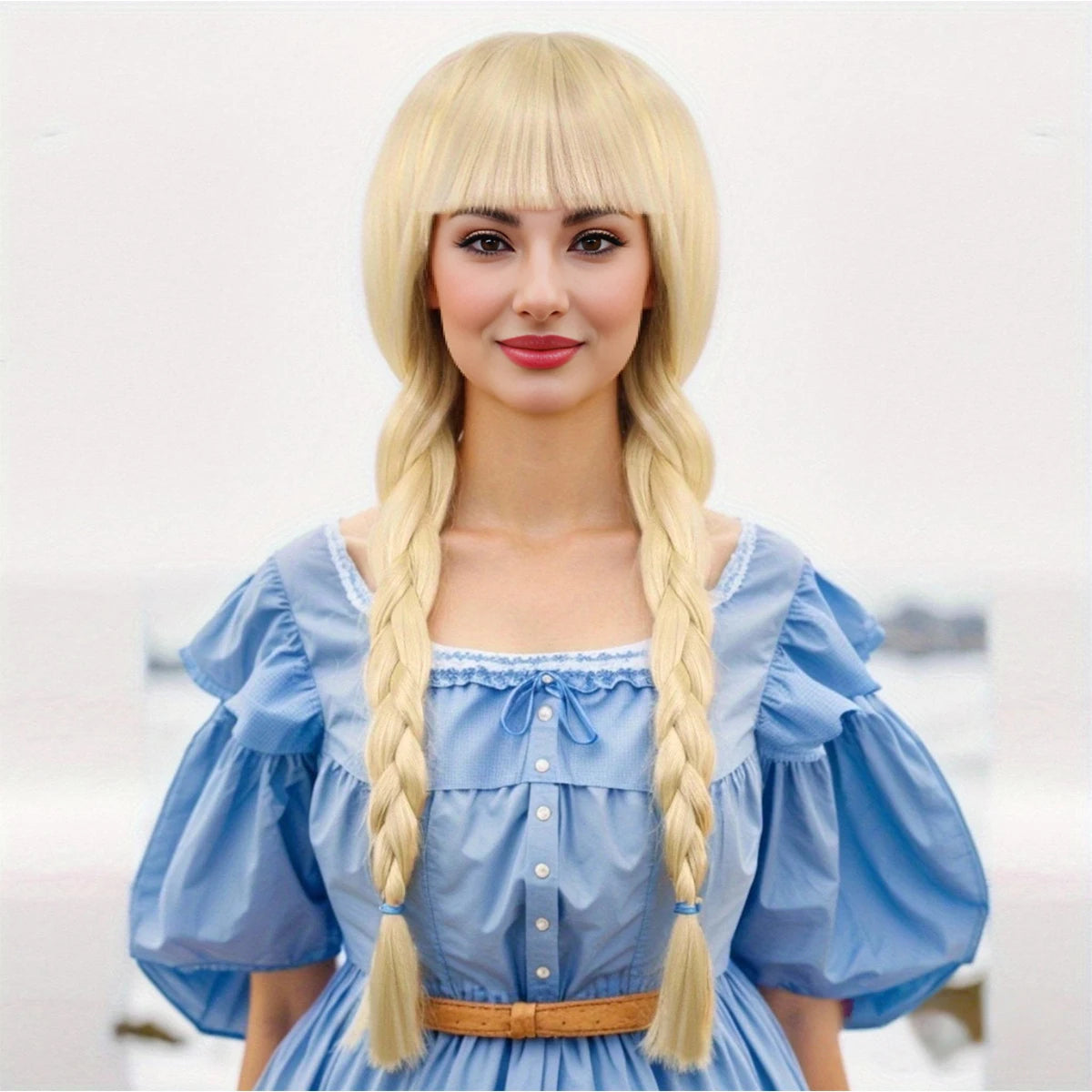 Platinum Pure Bangs Double Braids Synthetic Fiber Heat-Resistant Wig Elegant and Dignified Everyday Lolita Wig