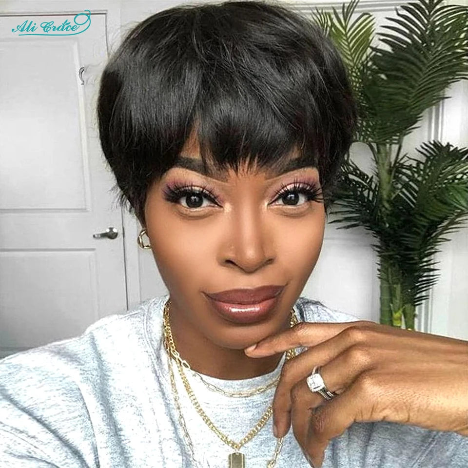 Short Bob Pixie Cut Wigs Straight Human Hair Machine Made Bangs Brazilian