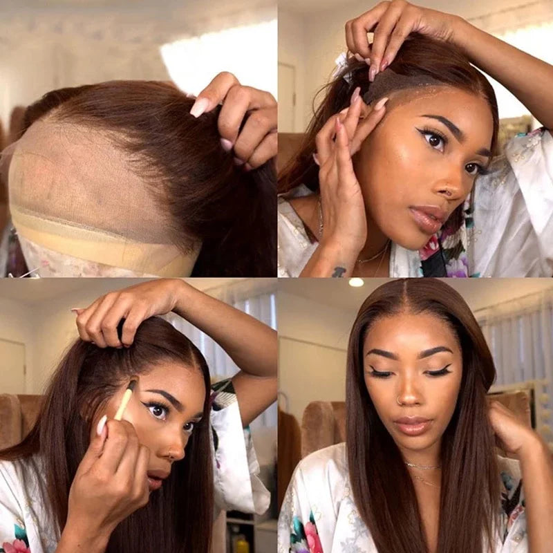 Chocolate Brown Straight Lace Front Wig Synthetic Density, 13x4 HD Transparent Full