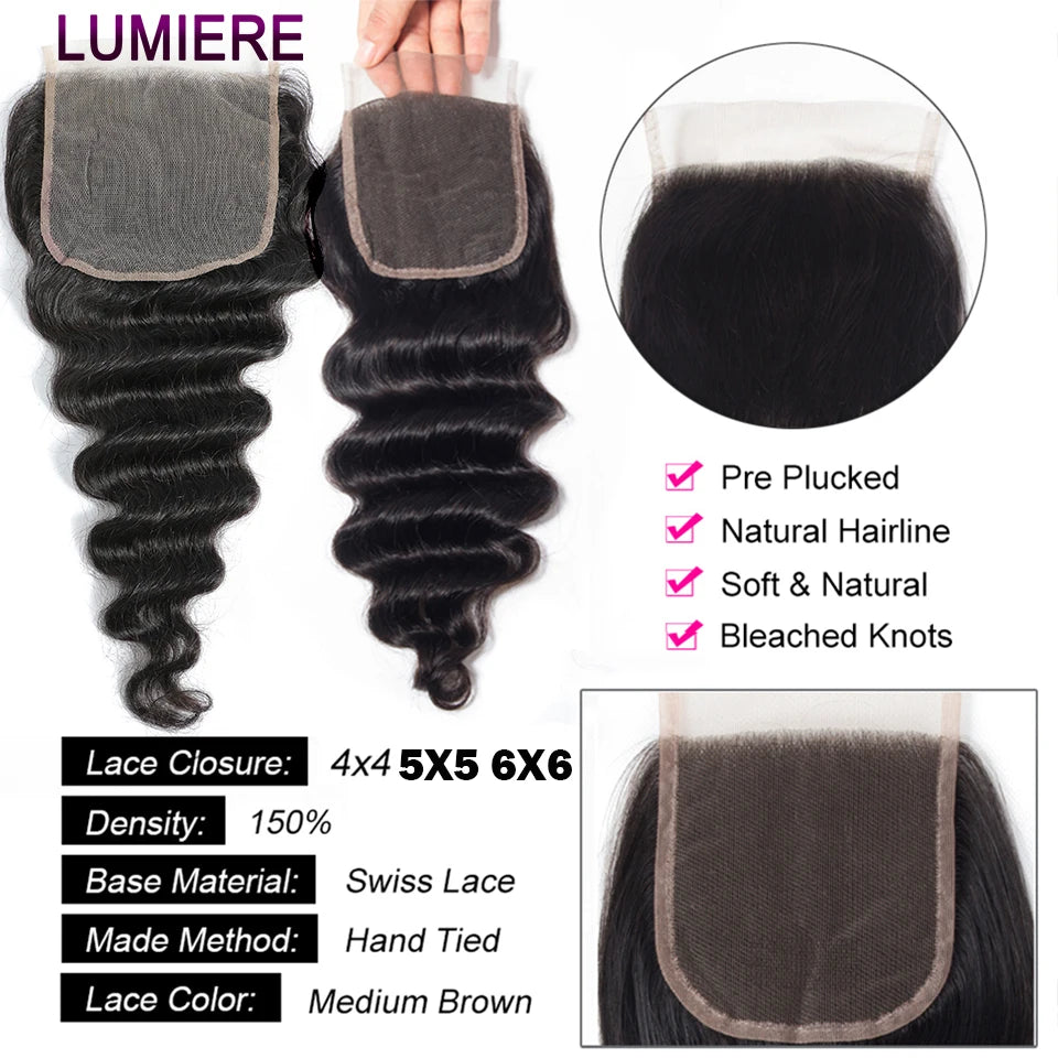 Top Loose Deep Wave Bundles Closure Frontal HD Transparent Lace Virgin Raw