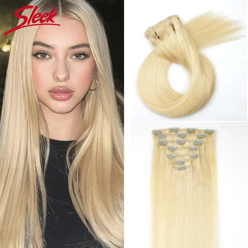 Sleek Straight Clip in Hair Extensions Human Hair Natural Blonde 613 Color 7pcs/Pack Clip in Extensions Salon-Grade Quality