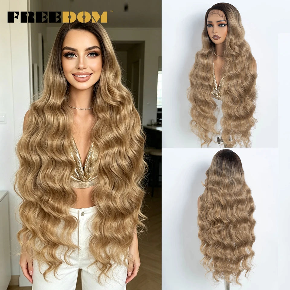 36" Long Wavy Synthetic Lace Front Wigs Ombre Brown Blonde Body Wave