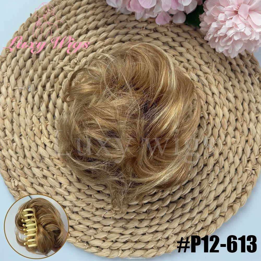 Brown Curly Claw Clip Messy Bun Ponytail Human Hair Extensions Black Blonde