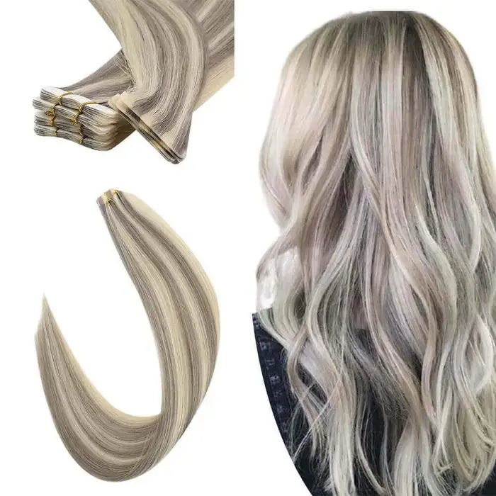[12 Months] Invisible Seamless Injection Tape Hair Extensions Virgin Whitest Blonde 10A