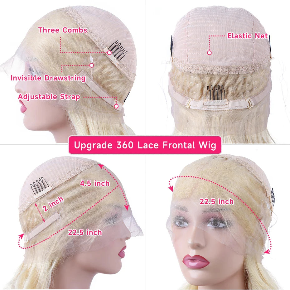 Invisible Drawstring 613 Blonde, 13x4 Body Wave Lace Front Wig Preplucked Brazilian