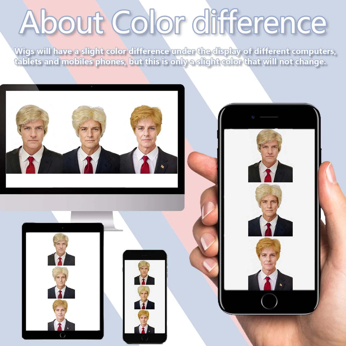 Synthetic Blonde Costume Wig + Flag Pin Red Tie Adults Layered Cosplay