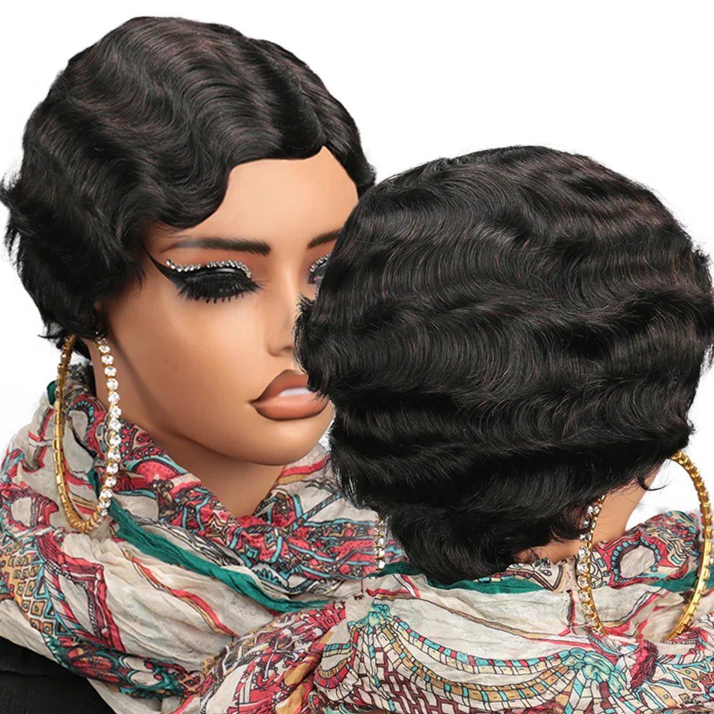 Short Pixie Cut Human Hair Wig, Finger Ocean Wave, Full Machine Made