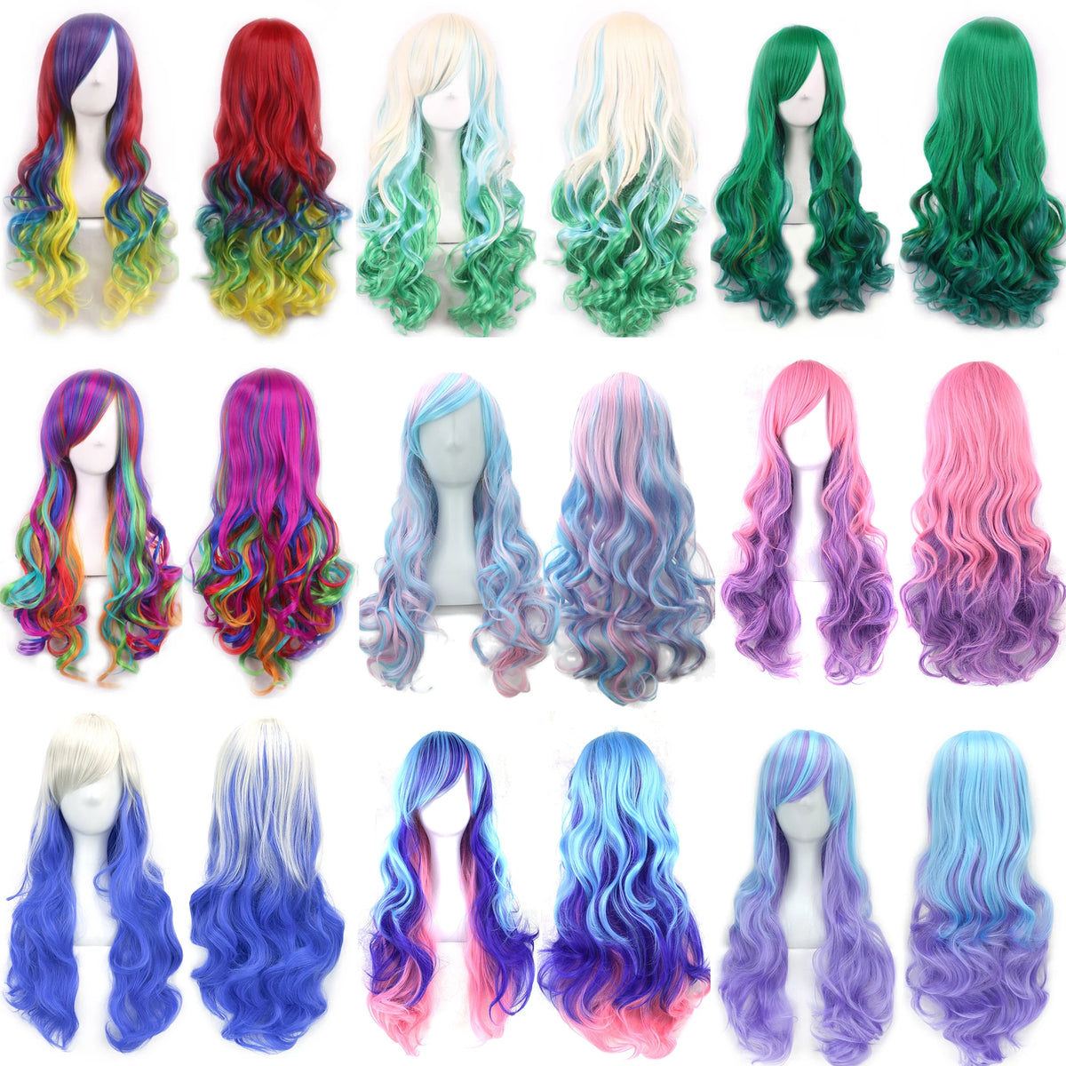 Synthetic Hair Ombre Rainbow Cosplay Wig with Bangs Red Yellow Purple Green Blue Wigs