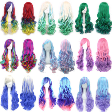 Synthetic Hair Ombre Rainbow Cosplay Wig with Bangs Red Yellow Purple Green Blue Wigs