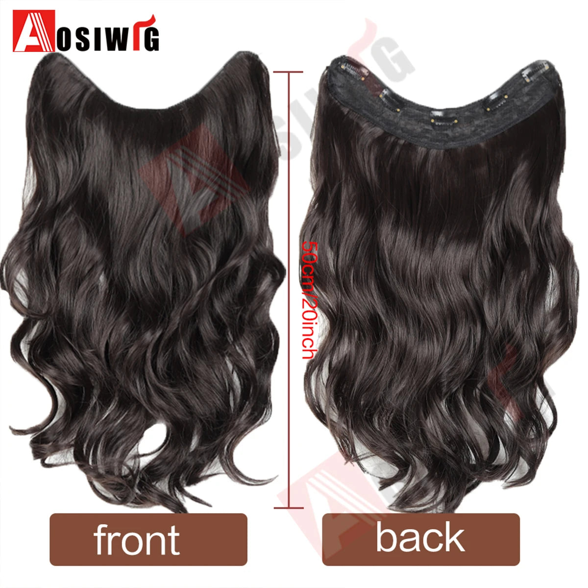 20Inch Synthetic Long Wavy Curly 5 Clip in Hair Extension Fashion Invisible V-shaped Heat Resistant Black Hairpiece