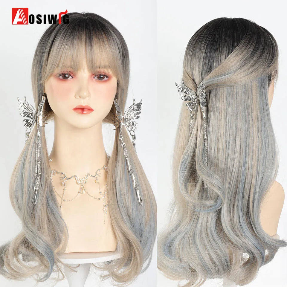 Blonde Twin Ponytail Princess Cut Natural Short Hair Synthetic Wigs Bangs Heat