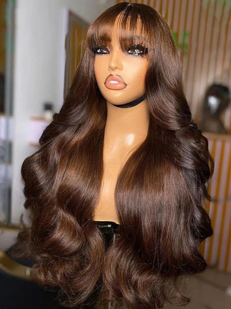Chocolate Brown 13x6 HD Lace Frontal Human Hair Wig Bangs Fringe Body