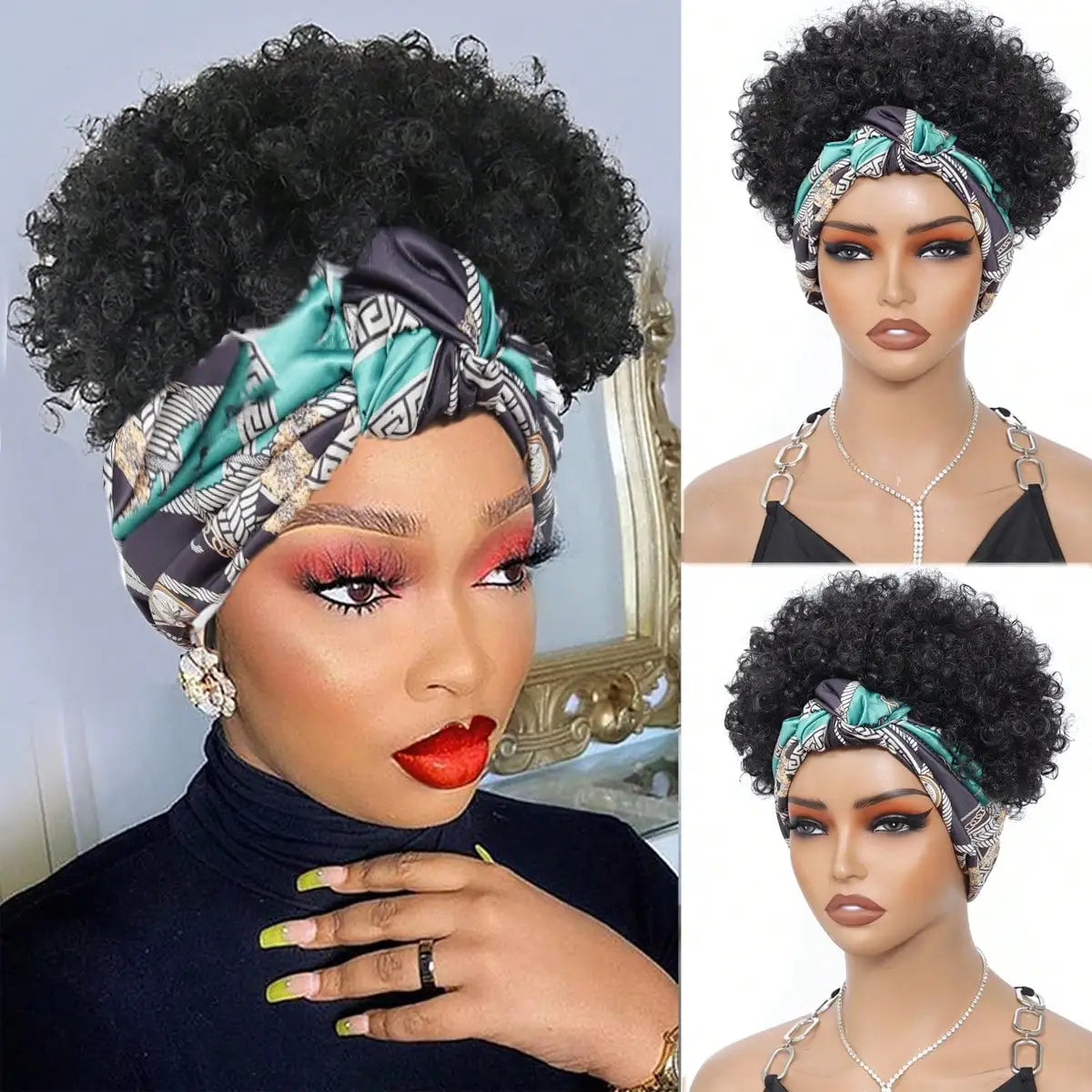 Afro Kinky Curly Wig Synthetic Short Hair Headband Attached Headwrap