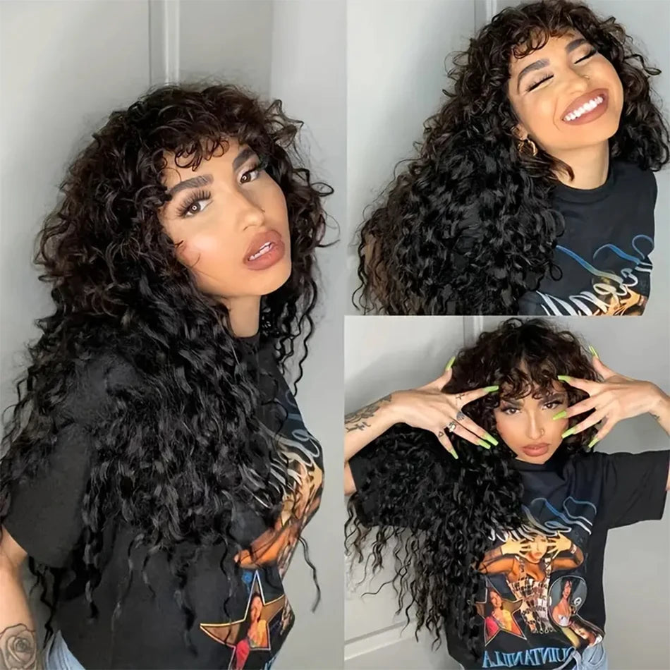 Long Water Wave Human Hair Wigs Bangs Glueless Fringe Kinky Curly Bob