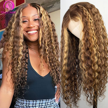 Highlight Wig Human Hair, 13x6 Water Wave Honey Blonde Lace Frontal Curly