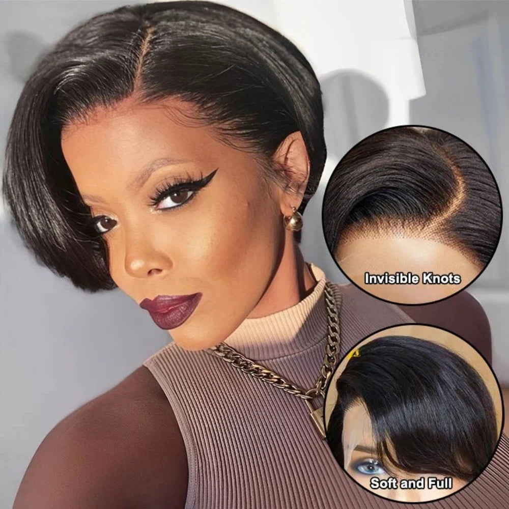 Pixie Cut 13x4 Transparent Lace Front Wigs Short Bob Brazilian Straight HD