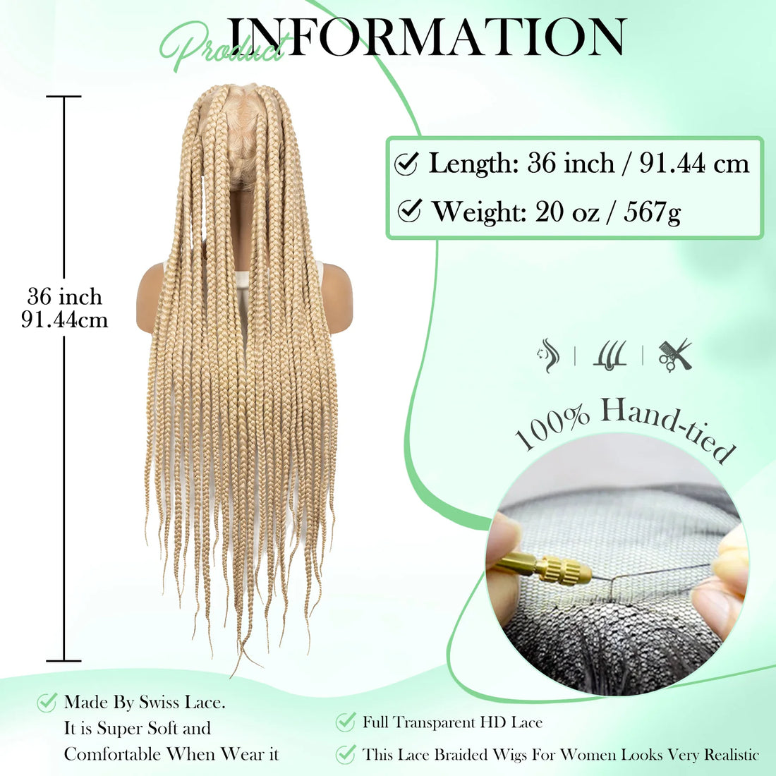 613 Blonde Box Braided Full Lace Wig, Knotless Cornrow Braids with Baby Hair
