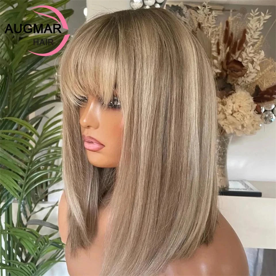 Ash Blonde Highlight Bob Human Hair Wig Bangs Density Short, 13x6 Lace
