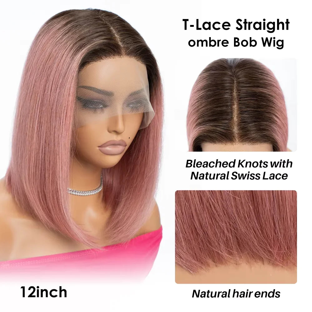 Short Cut Colored Pink Bob T Part Lace Wigs Human Hair 180D