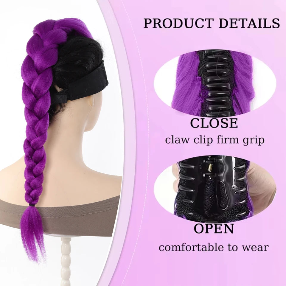 Purple Braided Synthetic Ponytail Extension, 28 Inch, Claw Clip