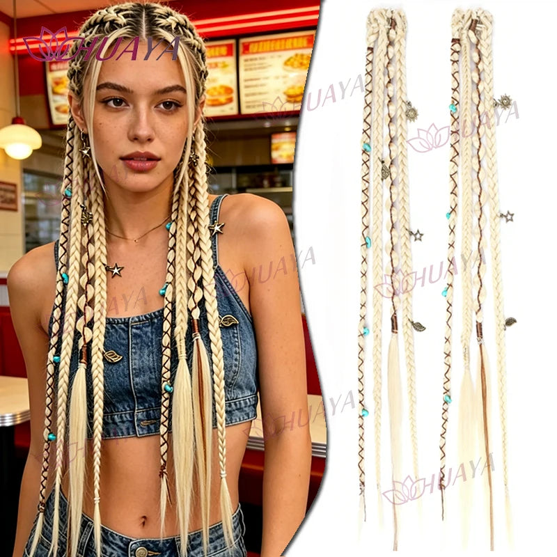 Hand-Braided Synthetic Fiber Water-Drop BB Clip-In Hair Extensions, 2 Pieces Per Set, 20-Inch Bohemian Beaded Braids, Versatile