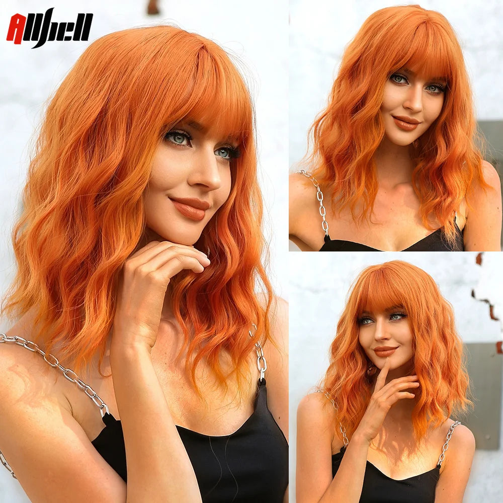 Short Copper Ginger Synthetic Natural Wavy Wigs Hair Orange Halloween Bob Bangs