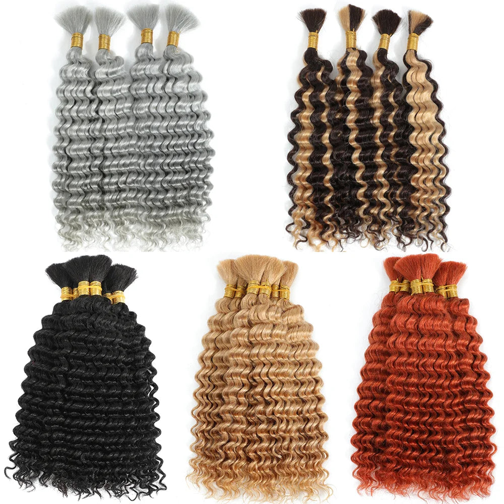 Deep Wave Bulk Human Braiding Hair for Boho Braids - Brazilian Virgin, 14 Inch, 100g (2 Bundles)
