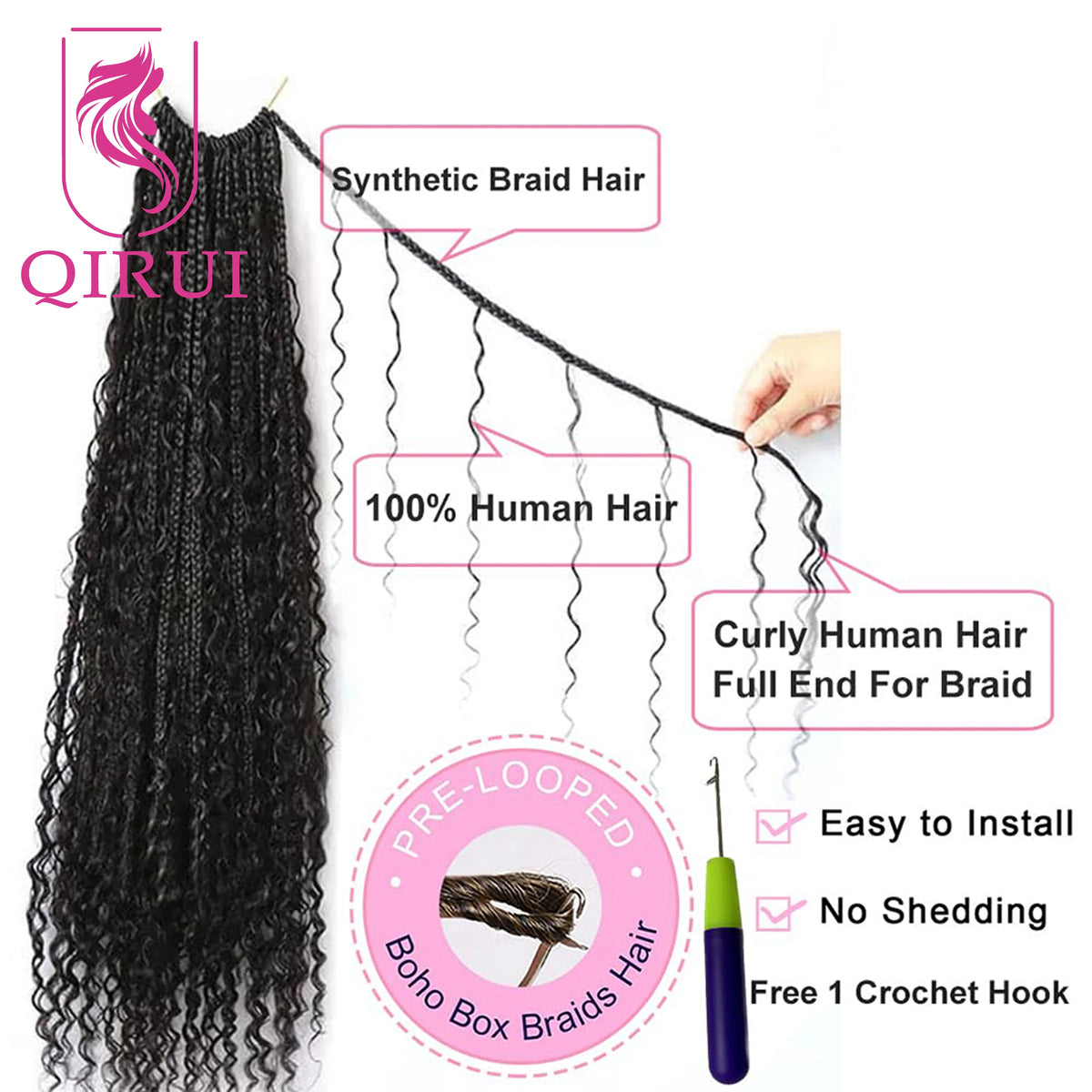 Crochet Boho Box Braids Human Hair Curls Pre Looped Curly Full Ends