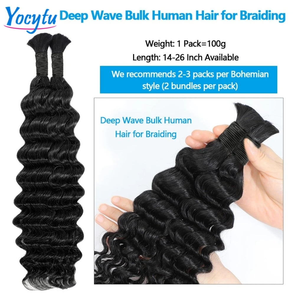 Deep Wave Bulk Human Hair Braiding 50G 100G, 100% No Weft Wet