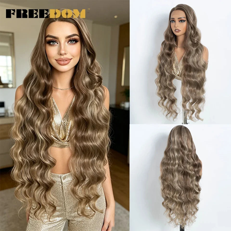36" Long Wavy Synthetic Lace Front Wigs Ombre Brown Blonde Body Wave