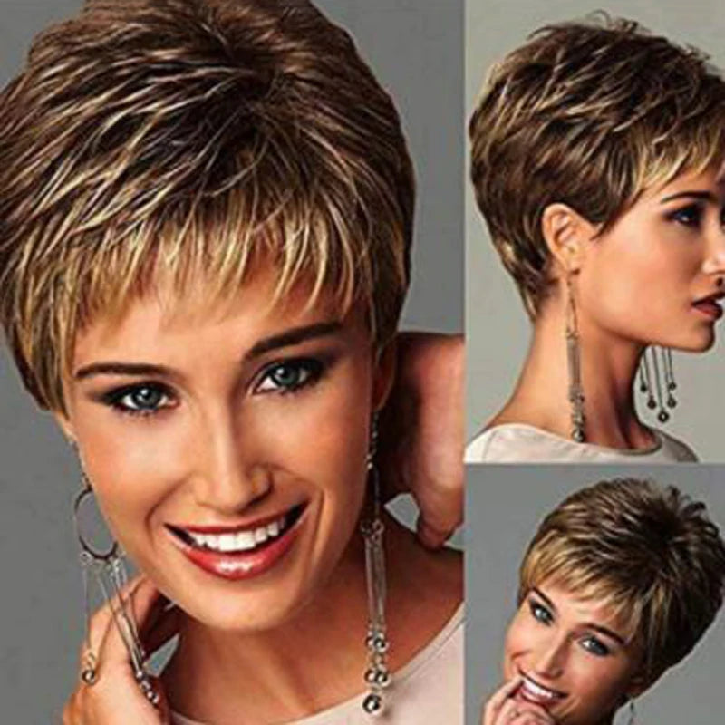 Short Dark Brown Mixed Blonde Highlight Pixie Cut Wigs with Bangs Synthetic Hair Layered Wigs