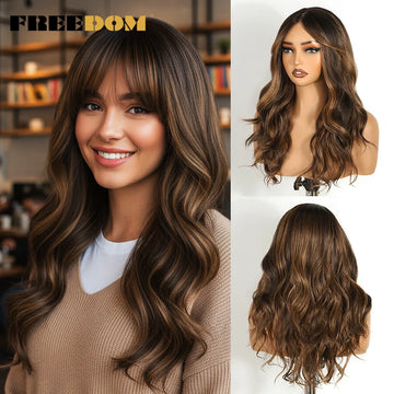 Synthetic Lace Front Wigs 20" Ombre Brown Body Wave, 6x4 Bangs Heat