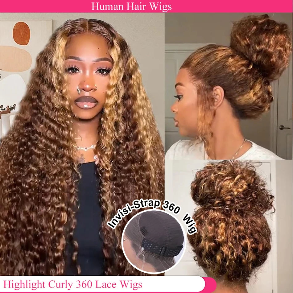 Highlight HD Invisi-Strap 360 Full Lace Wig Pre Plucked Deep Curly 250 Density 360 Lace Frontal Wigs Drawstring Highlight Wig