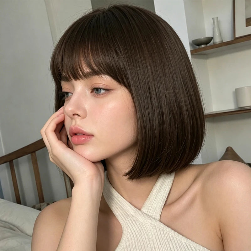 Dark Brown Bob Wig With Straight Bangs, Synthetic Short Hair, 12-Inch