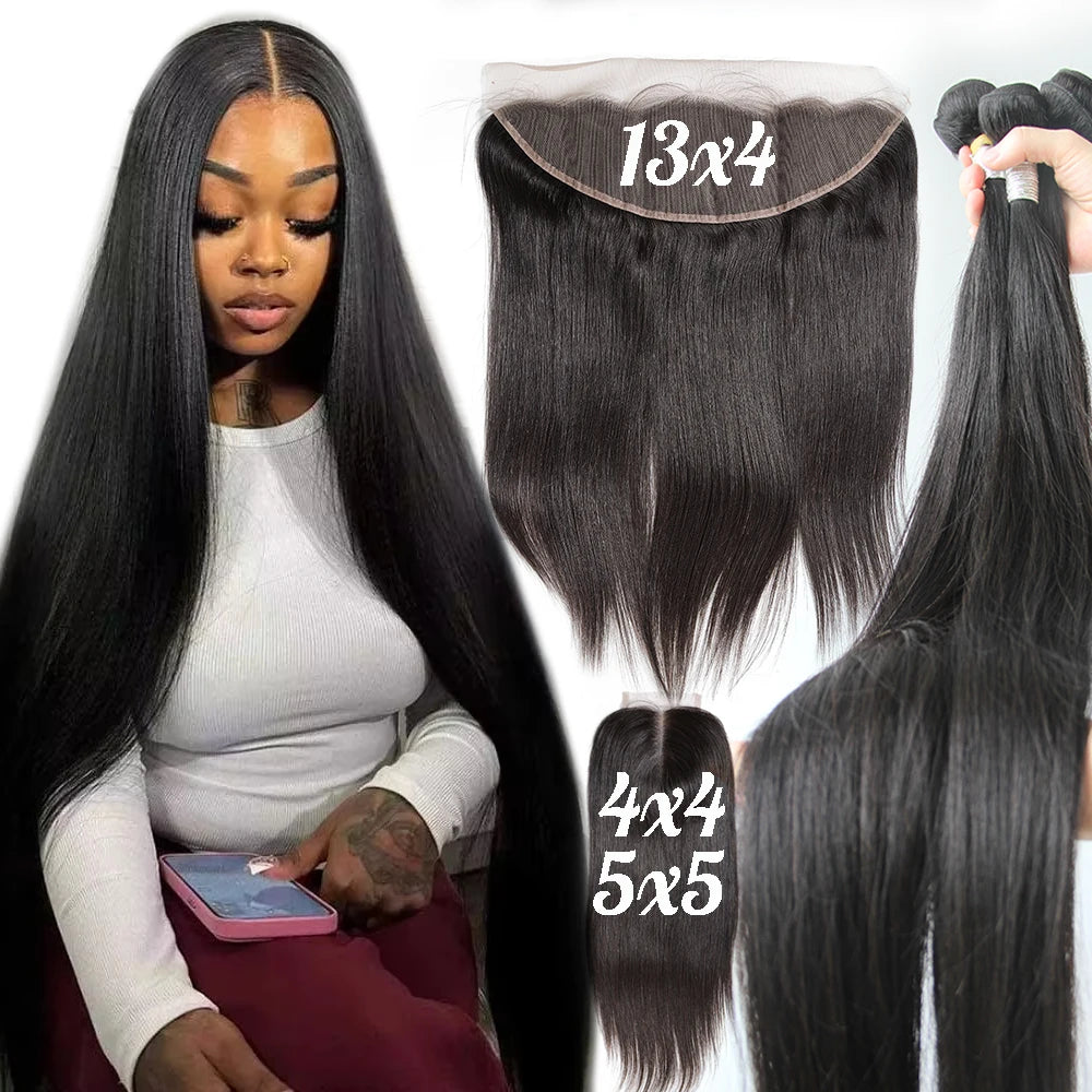 Raw Indian Straight Human Hair Bundles Closure Invisible Melt Skin, 4x4 HD