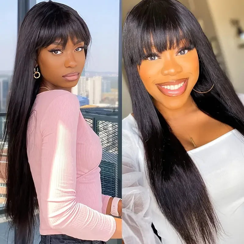 Straight Wigs Bangs Human Hair None Lace Front Brazilian Virgin Glueless Machine