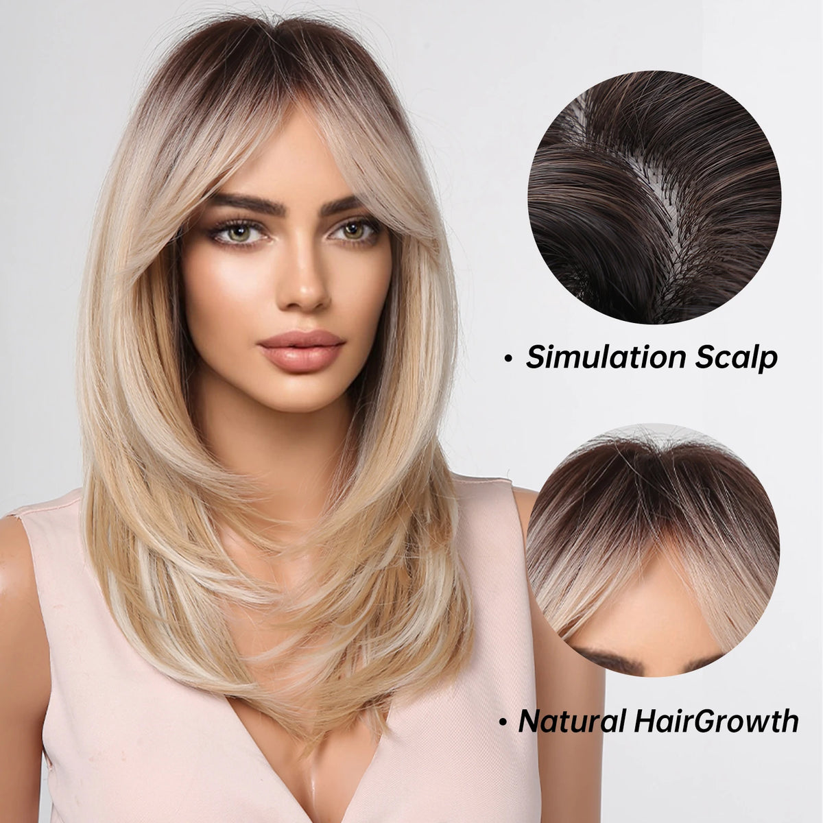 Long Blonde Wigs Synthetic Hair Fringe Ombre Color Dark Roots Layered Heat