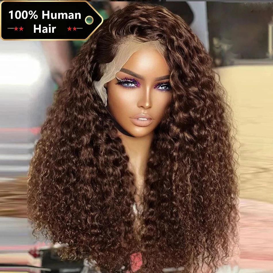 Deep Wave Frontal Wig, 13x4 HD Lace Chocolate Brown Curly Front Human