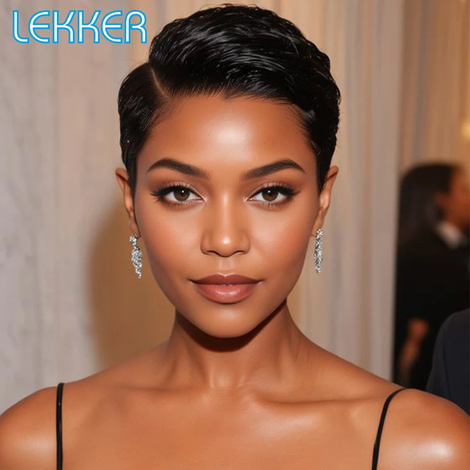 Black Short Pixie Cut, 13x1 C Part Lace Front 100% Human Hair