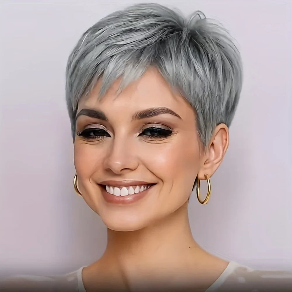 Human Hair Wig Natural Afro Kinky Curly Pixie Cut with Bangs Full Jerry Curly Hairpiece Full Machine-Made Wig
