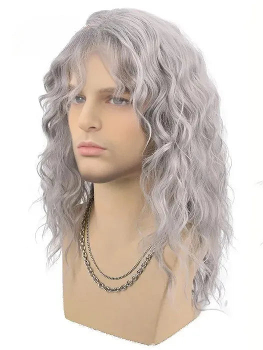 Synthetic Men's Wig Grey Natural Curly Bangs Water Wave Daily Or Cosplay