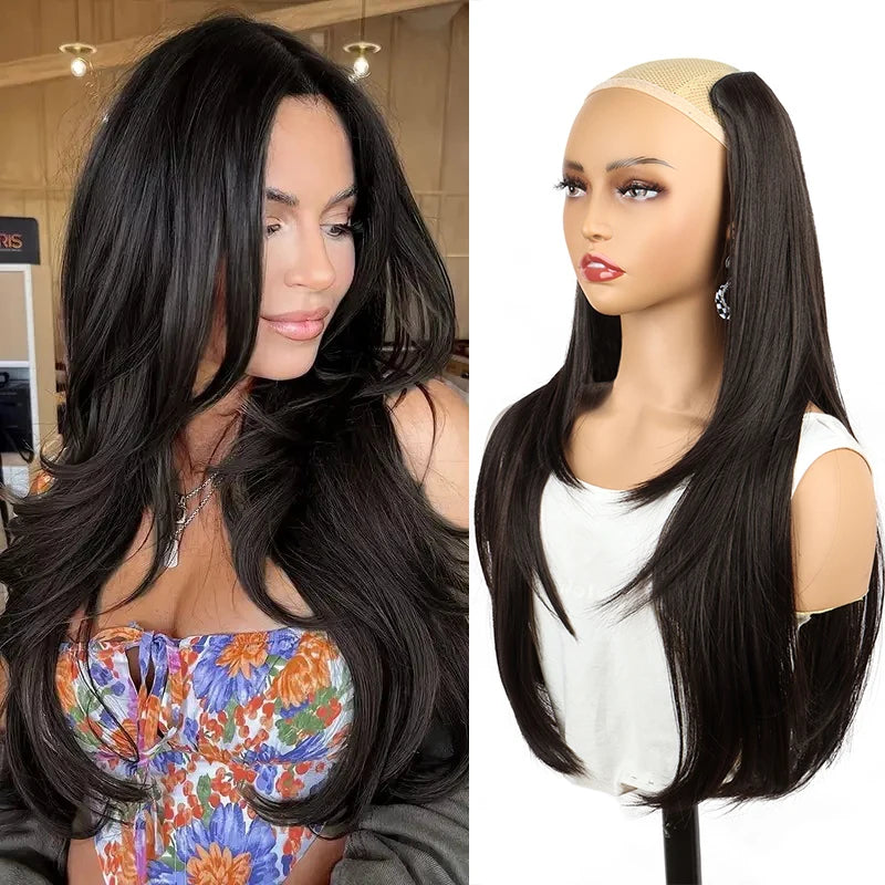 22Inch Synthetic Long Straight Layered Clip-in Hair Extension V-shaped Black Blonde Invisible Hairpiece