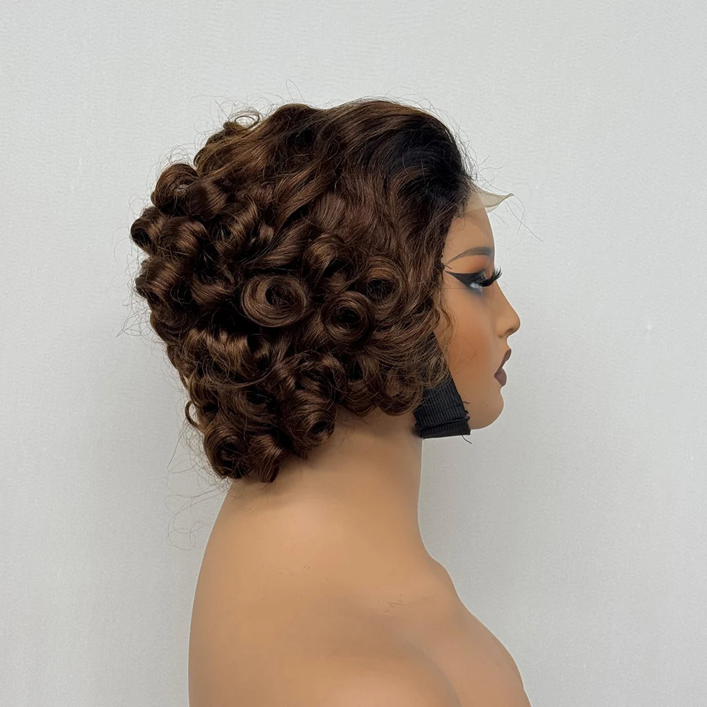 4x4 Lace Closure Wig Short Bouncy Texture Pixie Hair Real Human, 200%