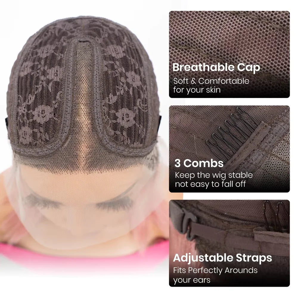 Short Cut Colored Pink Bob T Part Lace Wigs Human Hair 180D