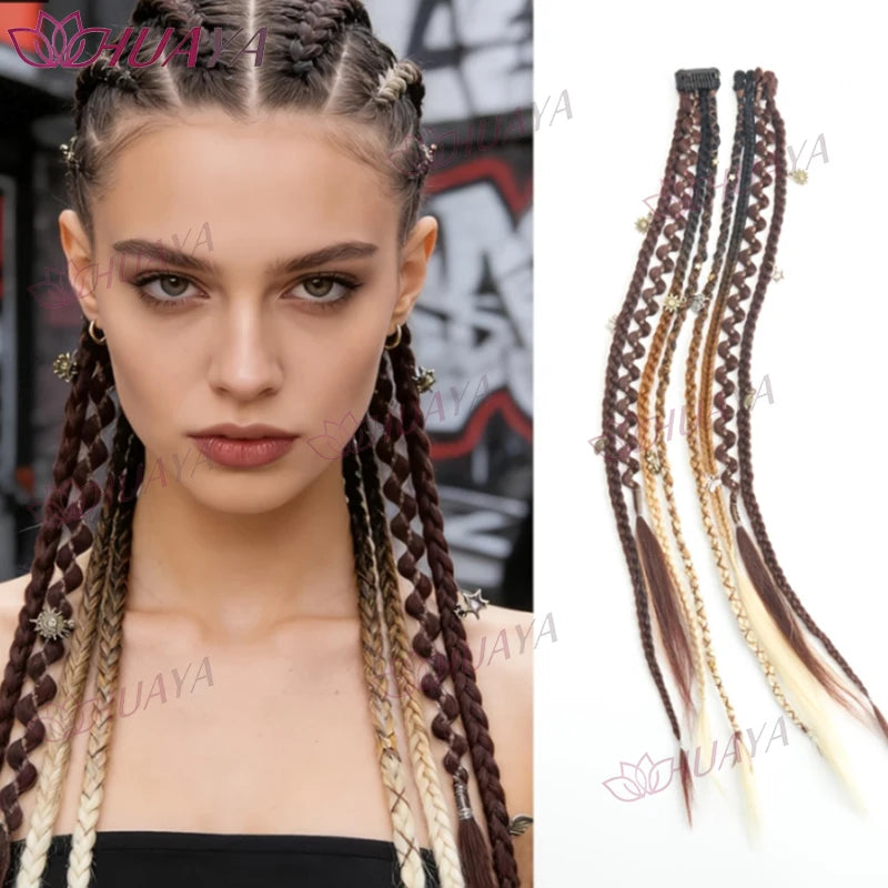 Hand-Braided Synthetic Fiber Water-Drop BB Clip-In Hair Extensions, 2 Pieces Per Set, 20-Inch Bohemian Beaded Braids, Versatile