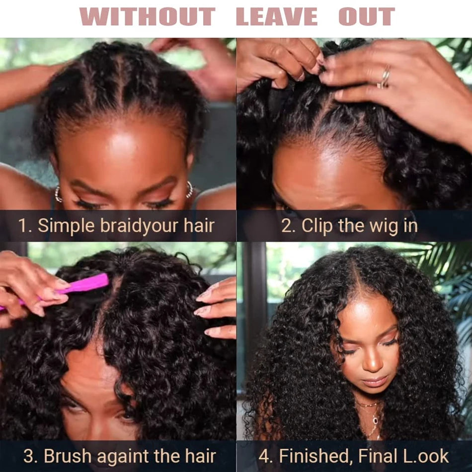 32Inch Curly V Part Wig Human Hair Brazilian Virgin Upgrade Drawstring Glueless