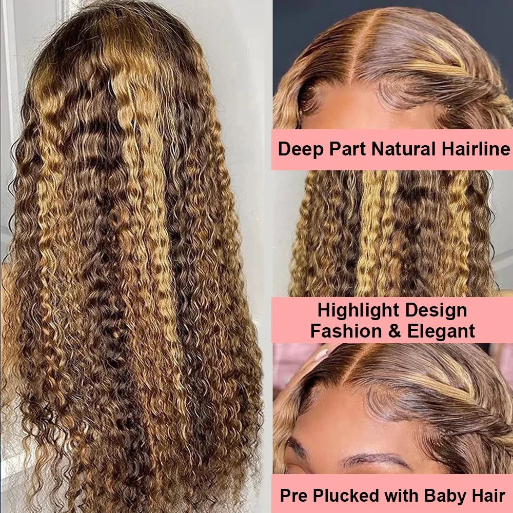 Honey Blonde Curly Wigs, 13x6 Glueless Highlight Human Hair Ready To Wear